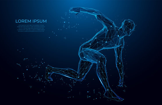 Human body low poly wireframe. Athlete, Running man from triangles, low poly style. sport concept.Vector polygonal futuristic image. Polygonal wireframe mesh art