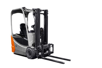 Warehouse industrial premises for storing materials and wood, forklift containers isolated white background