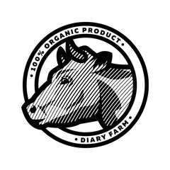 Emblem with head of a cow , in an engraved style. Vector illustration.