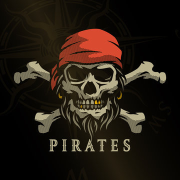 Pirate skull in vintage style. Skeleton head and crossed bones on a dark background.