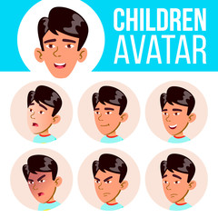 Asian Boy Avatar Set Kid Vector. Primary School. Face Emotions. Flat, Portrait. Youth, Caucasian. Colorful Design. Cartoon Head Illustration
