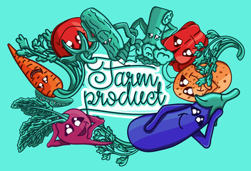 Set of vector illustrations of a farm product. healthy organic food. Vegetables characters. Beets, carrots, tomatoes, broccoli, bell peppers, cucumbers, potatoes, eggplant. lettering