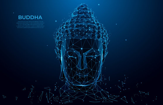 Buddha head silhouette low poly wireframe. Thai culture concept with buddha, low poly style.  Vector polygonal wireframe mesh art
