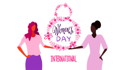 Obraz na płótnie Canvas mix race women holding floral wreath international happy 8 march day holiday celebration concept female characters portrait white background horizontal greeting card sketch
