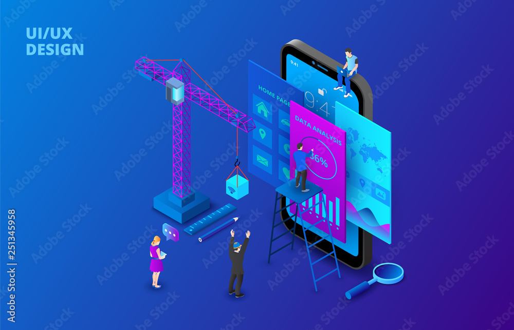 Poster ui design concept with smartphone, crane and people. isometric vector illustration. landing page tem
