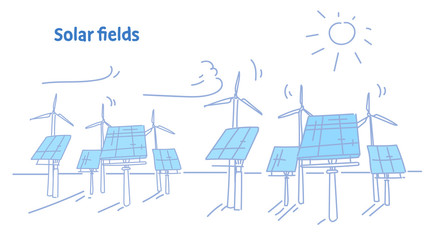 wind turbine solar energy panel fields renewable station alternative electricity source concept photovoltaic district sketch flow style horizontal