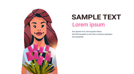 woman holding bouquet of flowers happy women day 8 march holiday celebration concept female cartoon character portrait white background horizontal copy space