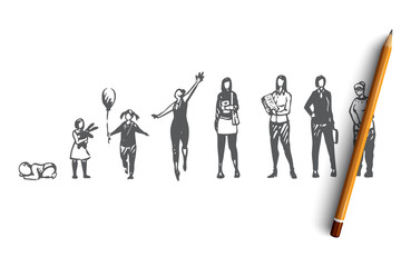 Aging, female, girl, woman, adult concept. Hand drawn isolated vector.