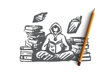 Fototapeta premium Wizard, magic, library, spell, book concept. Hand drawn isolated vector.