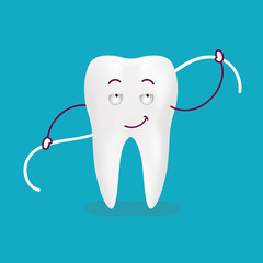 Cute Cartoon Tooth With Dental Floss Isolated On A Background. Vector Illustration. Healthcare Concept.