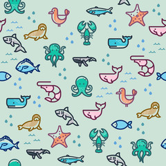 motif coloré sans couture de la vie marine avec illustration de poisson, phoque, baleine, requin, mouette, poulpe, homard et plus encore.