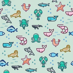 Gordijnen zeeleven naadloos kleurrijk patroon met illustratie van vis, zeehond, walvis, haai., zeemeeuw, octopus, kreeft en meer. © yoojin