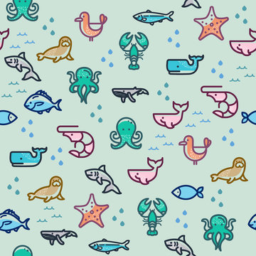 sea life seamless colorful pattern with illustration of fish, seal, whale, shark., seagull, octopus, lobster and more.