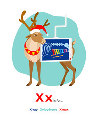 English alphabet Colored cartoon with letter X for children, with pictures to these letter with X-ray, xylophone, Xmax. - Vector