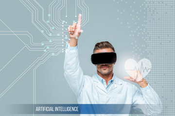 scientist in virtual reality headset touching medical care interface with heartbeat isolated on grey, artificial intelligence concept