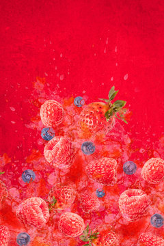 Artfully and lovingly designed photomontage with raspberries, blackberries, strawberries and water splashes in the background