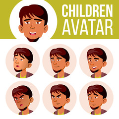 Arab, Muslim Boy Avatar Set Kid Vector. High School. Face Emotions. Flat, Portrait. Cute, Comic, Web. Cartoon Head Illustration