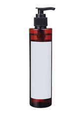 Pump head brown plastic bottle with transparent liquide and blank label