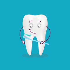 Cute Cartoon Tooth With Toothbrush And Paste Isolated On A Background. Vector Illustration. Healthcare Concept.