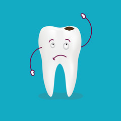 Cartoon Sick Tooth. Decay And Destroy Tooth. Cute Crying Tooth Isolated On A Background. Vector Illustration. Healthcare Concept.