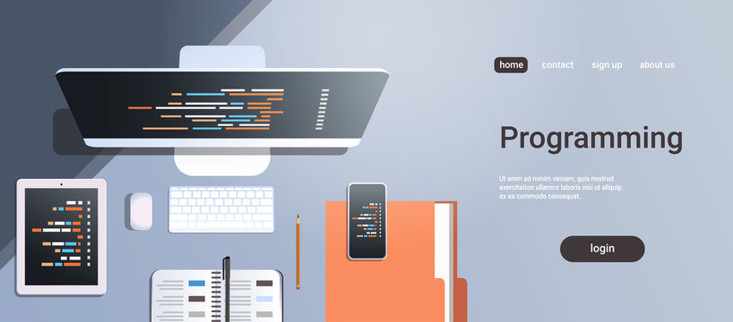 web site design development program code programming concept top angle view desktop computer monitor tablet smartphone screen organizer office stuff horizontal copy space