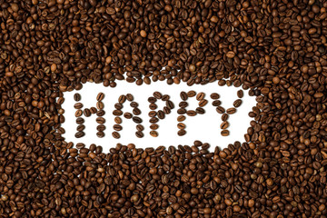 text happy made with coffee grains.