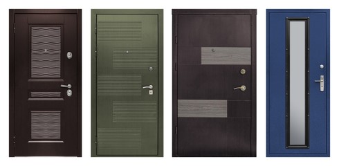 Set of models of entrance metal doors isolated on white background