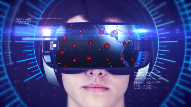 Young man wearing VR headset and experiencing 3D virtual reality. Technology related digital earth network concept. 3D Rendering.