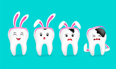 Cute cartoon tooth characters with rabbit ears decoration. Stages of caries development. Dental care concept. Happy Easter concept. illustration isolated on blue background.