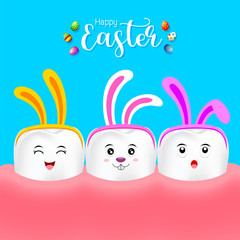 Cute cartoon tooth characters with rabbit ears decoration. Dental care concept. Happy Easter concept. illustration isolated on blue background.