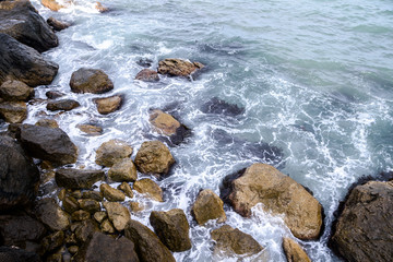Sea waves, beating on the stones. Noisy sea. Coast of the Black Sea