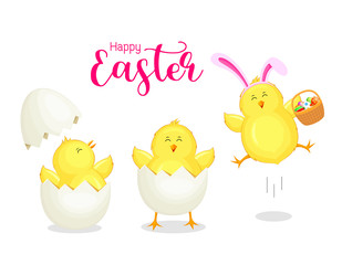 Cute cartoon chicken cracking from egg shell wearing easter bunny ear. Easter egg hunt poster invitation template. Vector illustration isolated on white background.