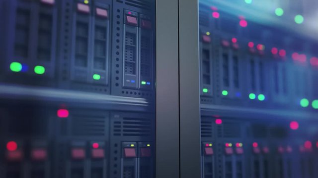 Servers in datacenter. Web hosting, internet and computer network concept. Looping animation.