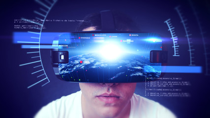 Close-up shot of a young man wearing VR Headset experiencing 3D virtual reality. Technology related digital earth network concept. 3D Rendering.