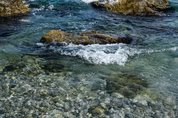 Sea waves, beating on the stones. Noisy sea. Coast of the Black Sea