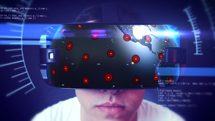 Close-up shot of a young man wearing VR Headset experiencing 3D virtual reality. Technology related digital earth network concept. 3D Rendering.