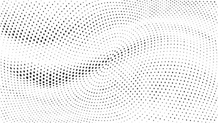 Halftone gradient pattern. Abstract halftone dots background. Monochrome dots pattern. Grunge wave texture. Pop Art Comic small dots. Radial twisted dots. Design for presentation, report, flyer, cover