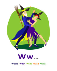 Full English alphabet from A to Z, pictures for letter W, the colorful version. 