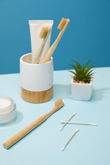 holder with toothpaste in tube and bamboo toothbrushes, cosmetic cream and plant in pot on table and blue background