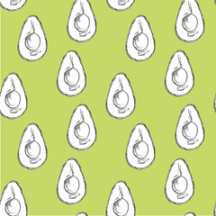 Avocado seamless pattern. Hand drawn illustrations. Avocado, sliced pieces, half, leaf and seed sketch. Tropical summer fruit engraved style illustration.