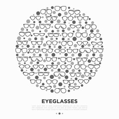 Eyeglasses concept in circle with thin line icons: sunglasses, sport glasses, rectangular, aviator, wayfarer, round, square, cat eye, oval, extravagant, big size. Vector illustration for print media.