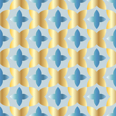 Seamless pattern with ordered arrangement of abstract geometric shapes. The illustration is made in gold shades on blue background.