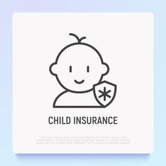 Child insurance thin line icon: baby with medical shield. Modern vector illustration.