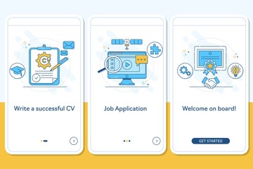Job searching onboarding mobile app page screen with linear concepts, Write CV, apply job, interview, getting work steps graphic instructions. UX, UI, GUI vector template with line illustrations
