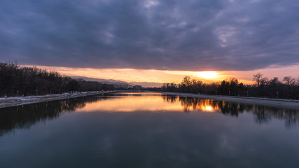 winter sunset over rowing channel , Plovdiv city, Bulgaria