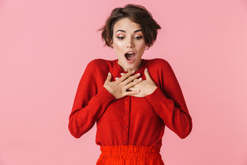 Portrait of a beautiful young woman wearing red clothes