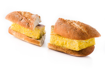 Bocadillo de tortilla española. Spanish potato omelette sandwich isolated on white background.Typical spanish food