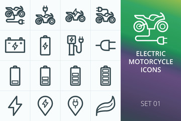 Electric motorcycle icons set. Set of electric motorcycle, motorbike, sport bike, battery charge vector icons.