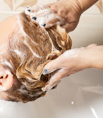 Naklejka premium Hairdresser washing a woman's hair