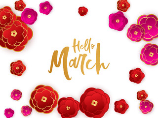 Hello march spring banner, red flowers background.